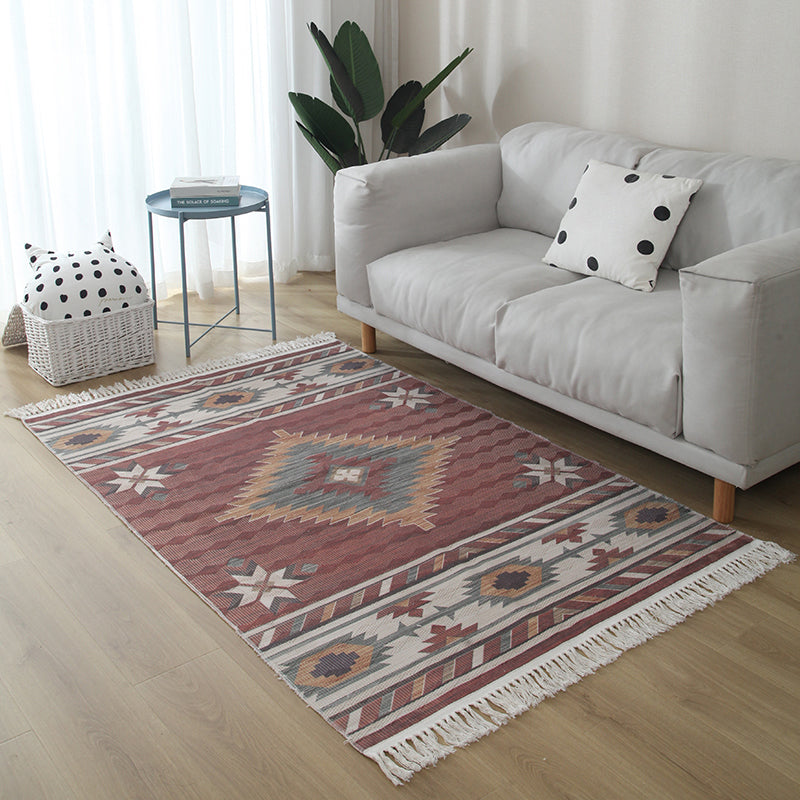 Casual Living Room Rug Multi Colored Geometric Printed Area Carpet Jute Stain-Resistant Handmade Indoor Rug with Tassel