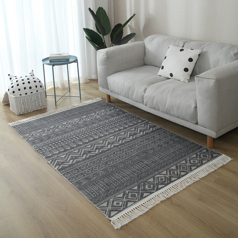 Eclectic Living Room Rug Multi Colored Geometric Printed Indoor Rug Jute Non-Slip Backing Easy Care Area Carpet with Tassel