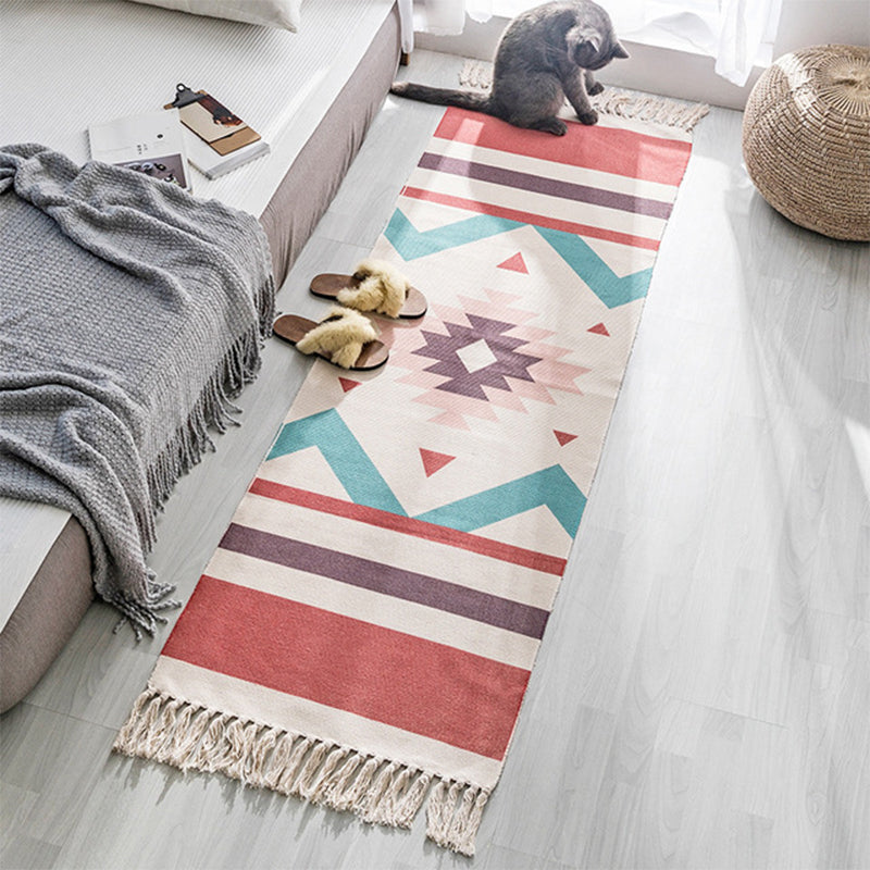 Multi Colored Bedroom Rug Boho Geometric Print Indoor Rug Jute Easy Care Pet Friendly Area Carpet with Tassel