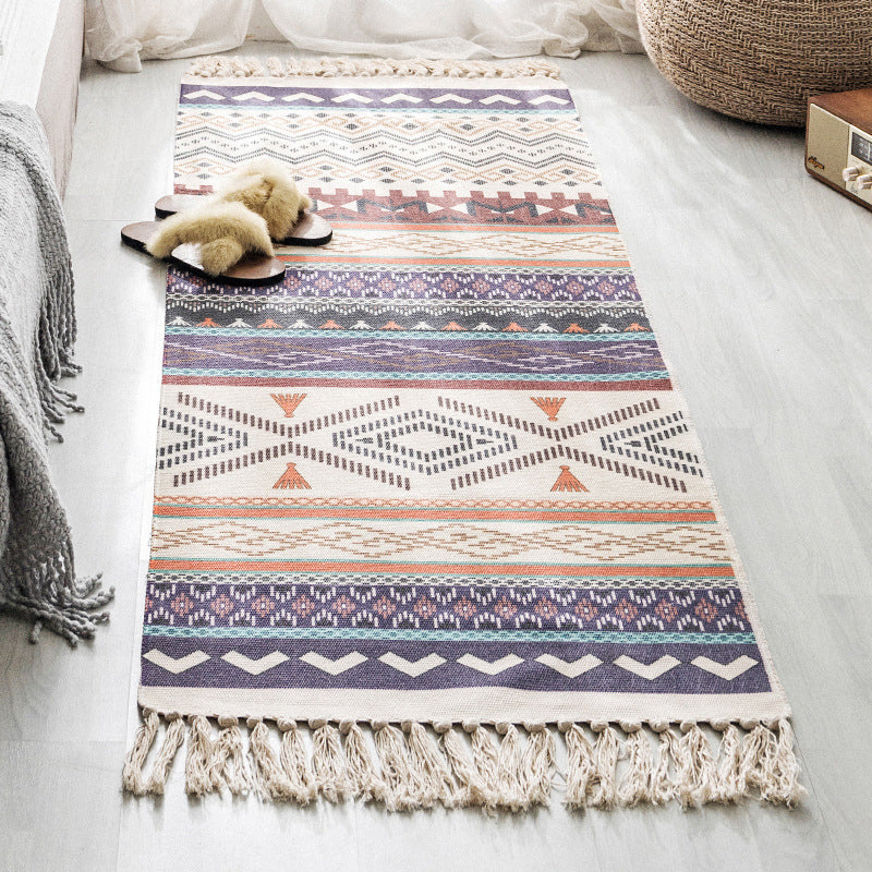 Multi Colored Bedroom Rug Boho Geometric Print Indoor Rug Jute Easy Care Pet Friendly Area Carpet with Tassel