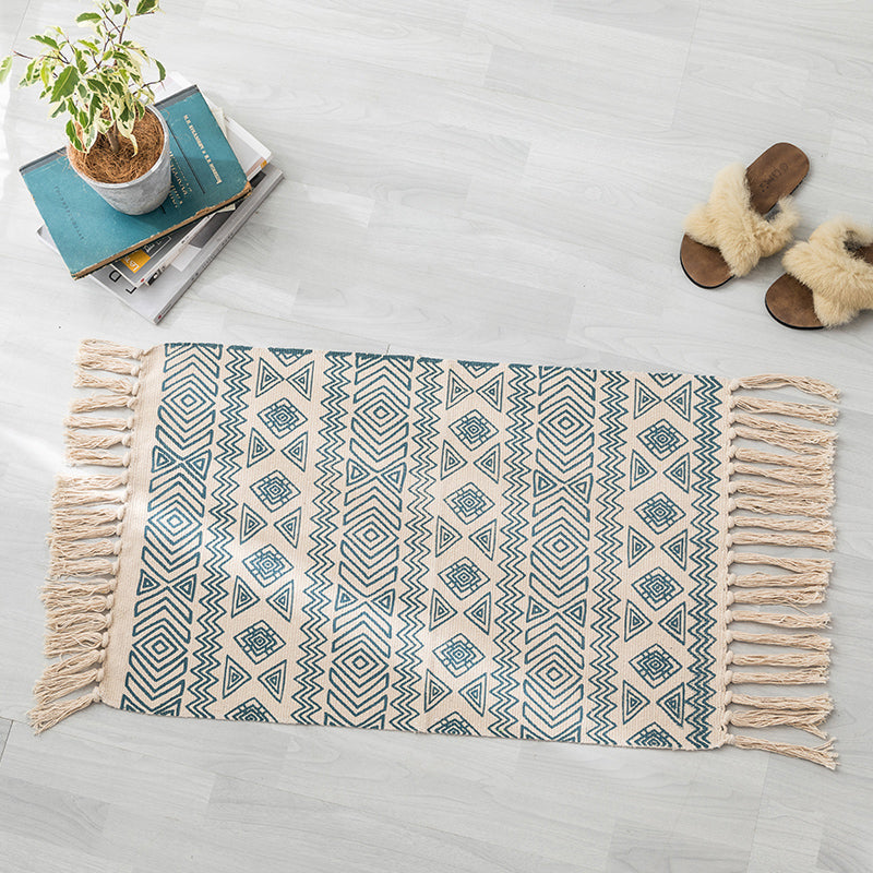 Bohemian Bedroom Rug Multi Color Geo Printed Area Rug Jute Pet Friendly Easy Care Stain-Resistant Carpet with Tassel