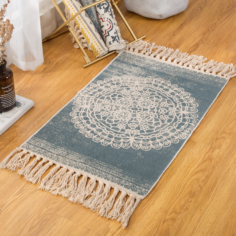 Bohemian Bedroom Rug Multi Color Geo Printed Area Rug Jute Pet Friendly Easy Care Stain-Resistant Carpet with Tassel