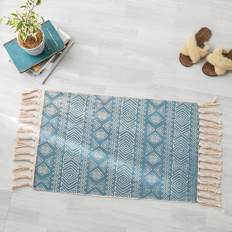 Bohemian Bedroom Rug Multi Color Geo Printed Area Rug Jute Pet Friendly Easy Care Stain-Resistant Carpet with Tassel