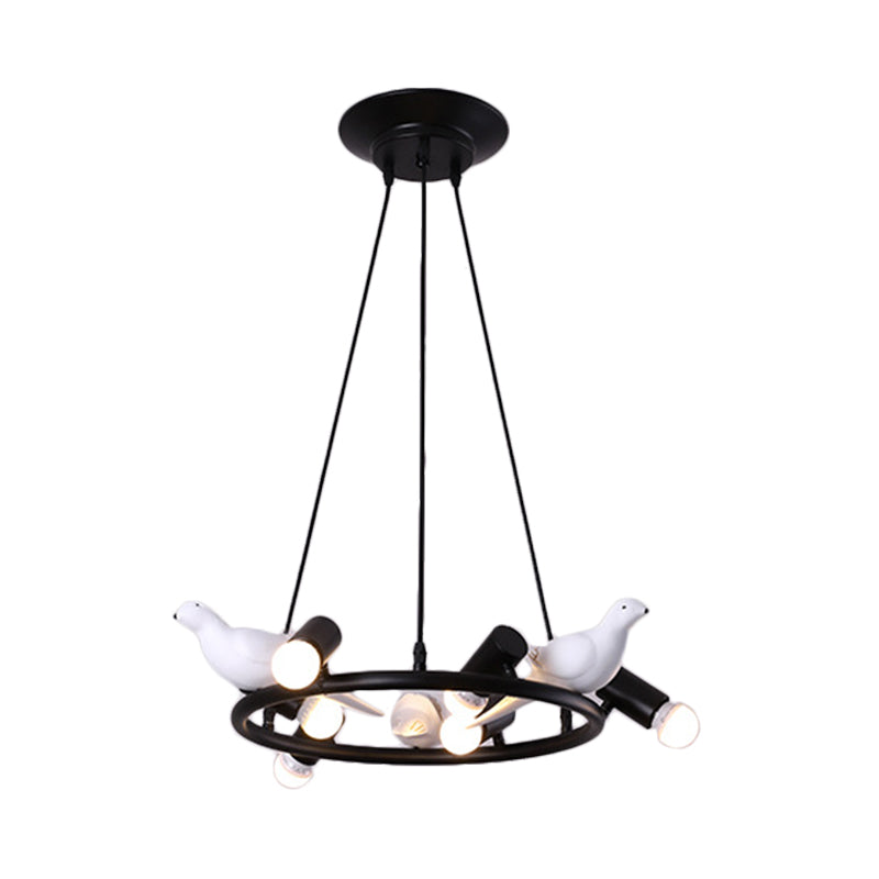 Modern Ring Pendant Chandelier Metal 6/8 Lights Dining Room Hanging Ceiling Light in Black with Bird Ornament