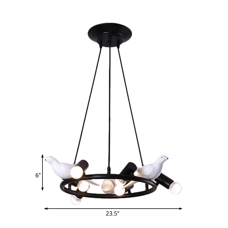 Modern Ring Pendant Chandelier Metal 6/8 Lights Dining Room Hanging Ceiling Light in Black with Bird Ornament