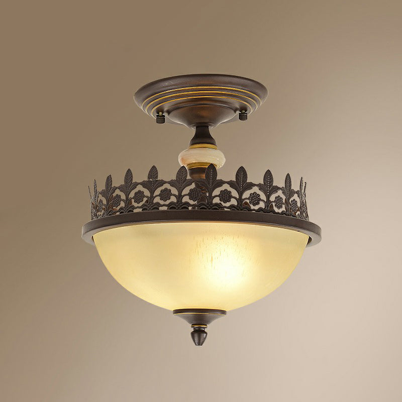 Vintage Bowl Ceiling Flush Light Frosted Glass Semi Flush Mount Lighting with Filigree Frame in Brown