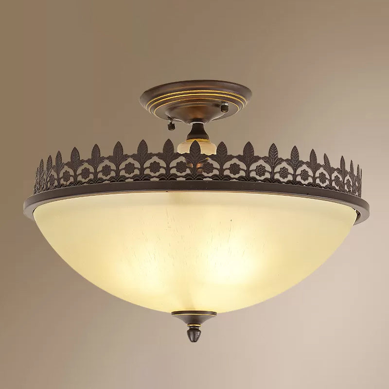 Vintage Bowl Ceiling Flush Light Frosted Glass Semi Flush Mount Lighting with Filigree Frame in Brown