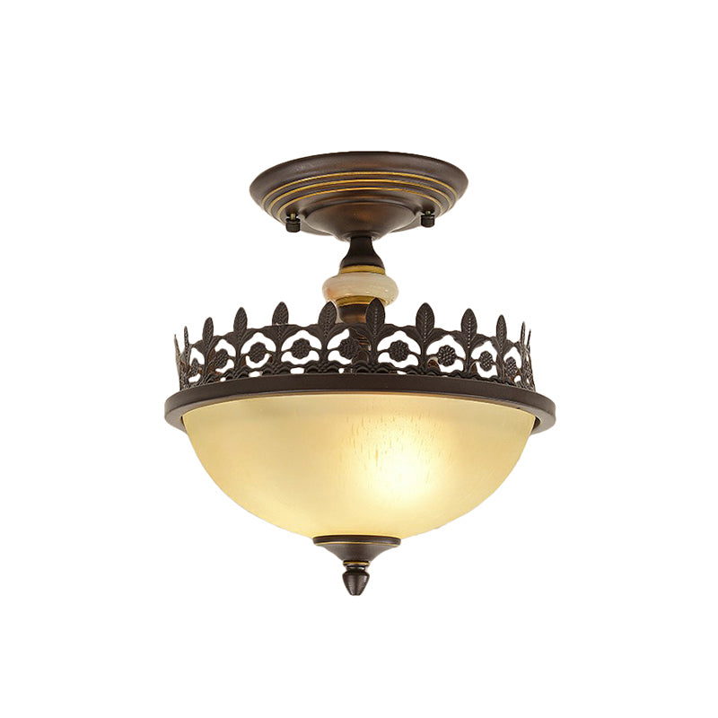 Vintage Bowl Ceiling Flush Light Frosted Glass Semi Flush Mount Lighting with Filigree Frame in Brown