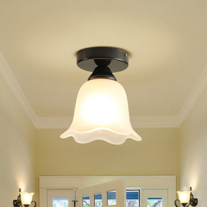 Single Frosted White Glass Ceiling Lamp Rustic Black Flower Corridor Semi Flush Light