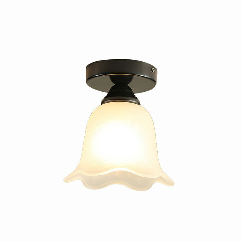 Single Frosted White Glass Ceiling Lamp Rustic Black Flower Corridor Semi Flush Light