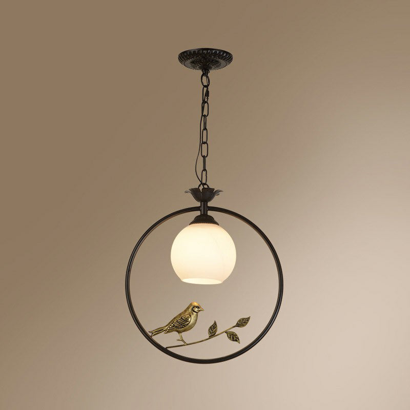 Country Bird and Ring Pendant Light Single Metal Hanging Lamp with Dome Milk Glass Shade