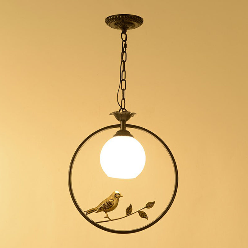 Country Bird and Ring Pendant Light Single Metal Hanging Lamp with Dome Milk Glass Shade