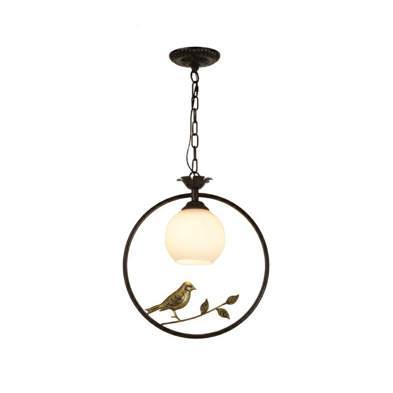 Country Bird and Ring Pendant Light Single Metal Hanging Lamp with Dome Milk Glass Shade