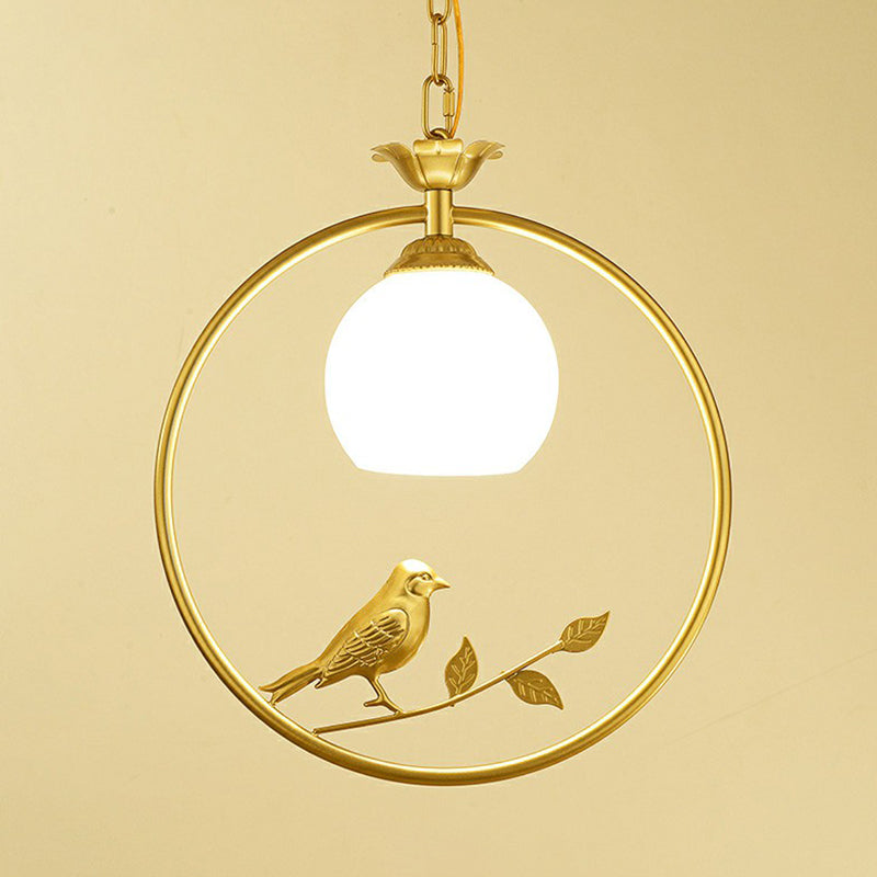 Country Bird and Ring Pendant Light Single Metal Hanging Lamp with Dome Milk Glass Shade