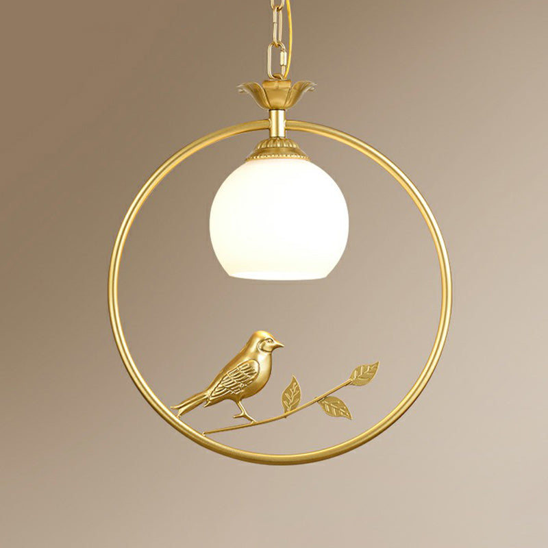 Country Bird and Ring Pendant Light Single Metal Hanging Lamp with Dome Milk Glass Shade