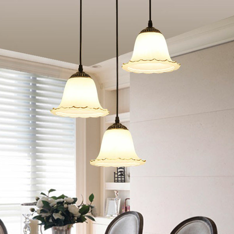 Flower-Like Dining Room Hanging Light Rustic Cream Glass 3-Bulb Black Multi-Light Pendant