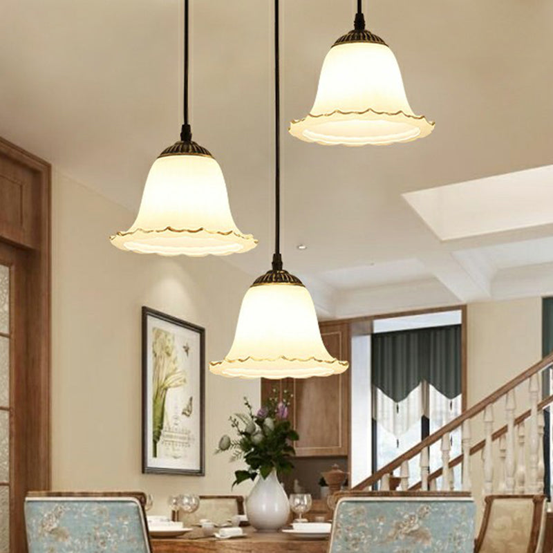 Flower-Like Dining Room Hanging Light Rustic Cream Glass 3-Bulb Black Multi-Light Pendant