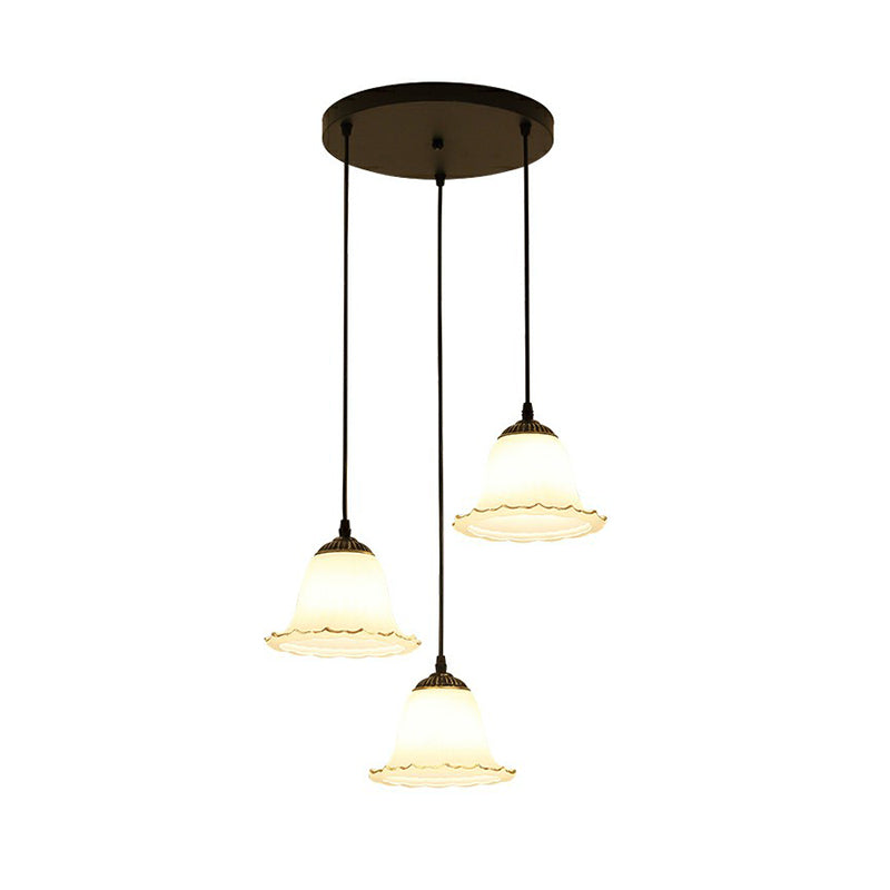 Flower-Like Dining Room Hanging Light Rustic Cream Glass 3-Bulb Black Multi-Light Pendant