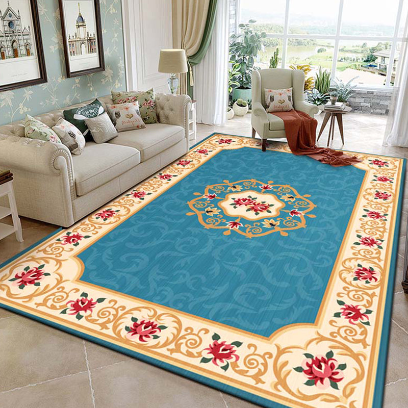 Shabby Chic Living Room Rug Multi Colored Floral Print Polyster Non-Slip Backing Washable Area Carpet