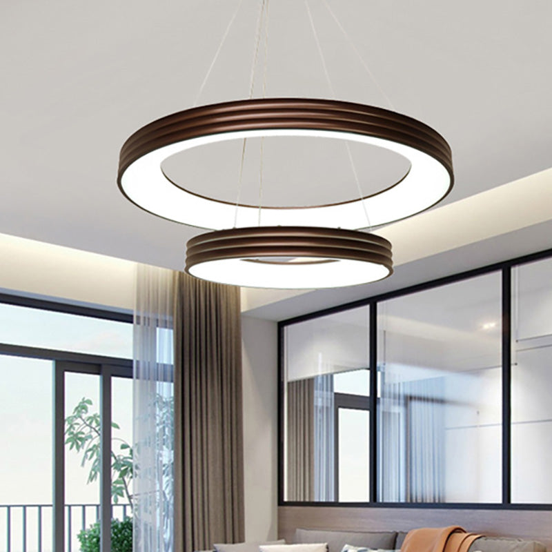 Modern 2-Tier Ring Pendant Chandelier Metal Led Living Room Hanging Ceiling Light in Brown, White/Warm/Natural Light