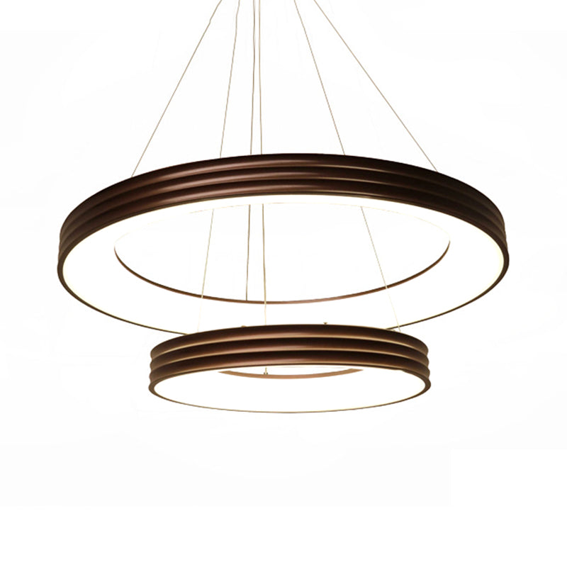 Modern 2-Tier Ring Pendant Chandelier Metal Led Living Room Hanging Ceiling Light in Brown, White/Warm/Natural Light