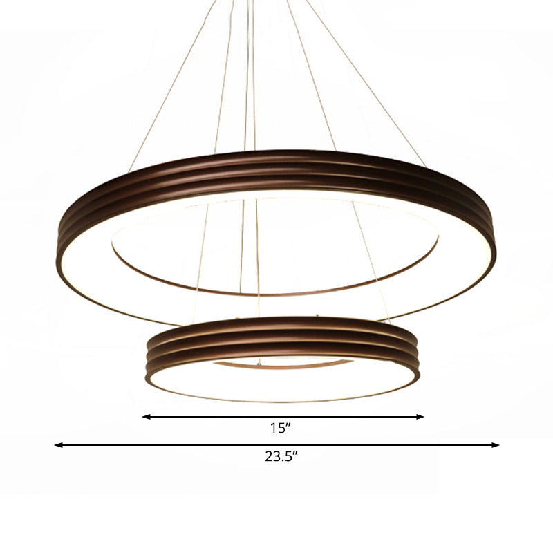 Modern 2-Tier Ring Pendant Chandelier Metal Led Living Room Hanging Ceiling Light in Brown, White/Warm/Natural Light