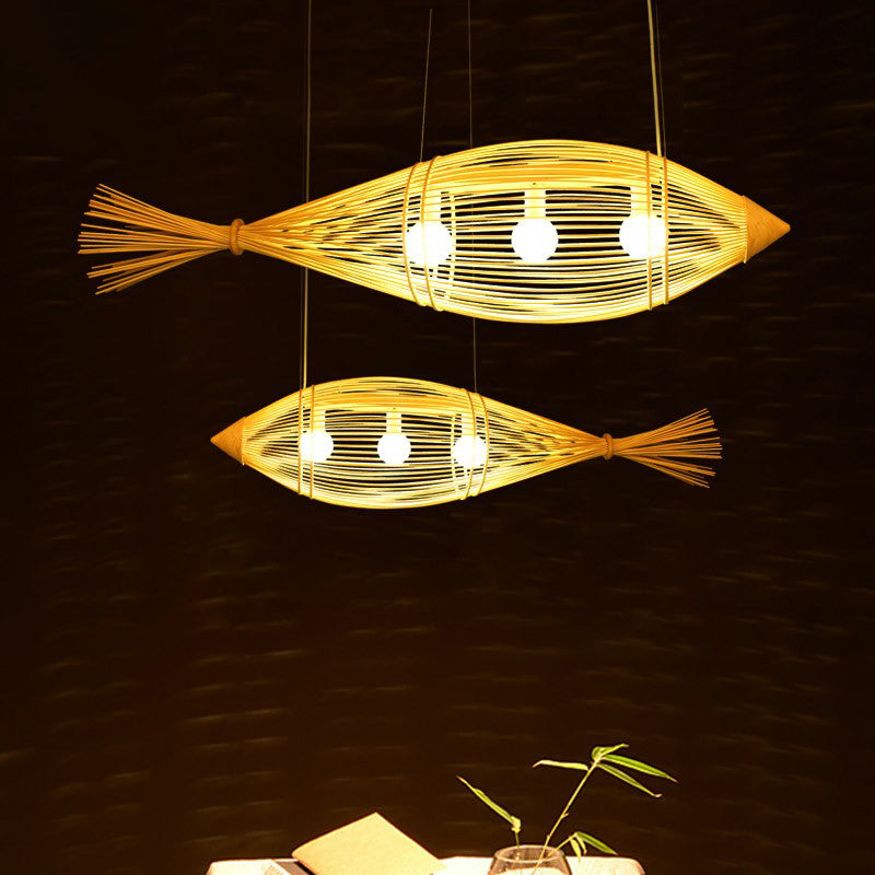 Fish Restaurant Chandelier Pendant Light Bamboo 3-Bulb Asie Lampe suspendue en bois