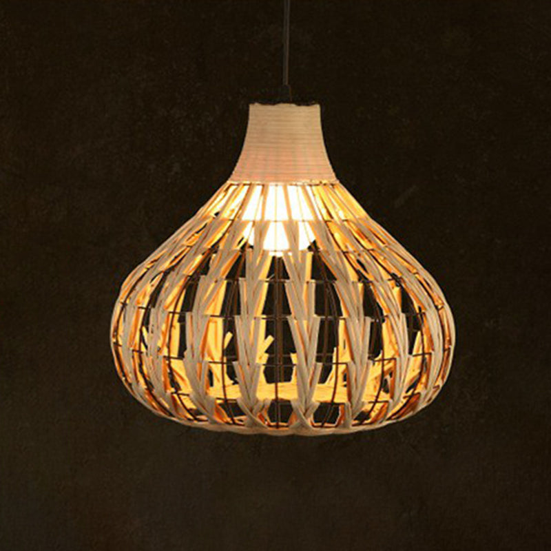 Rattan cage pendulum luce paese 1 lampadina beige appeso a soffitto per il ristorante