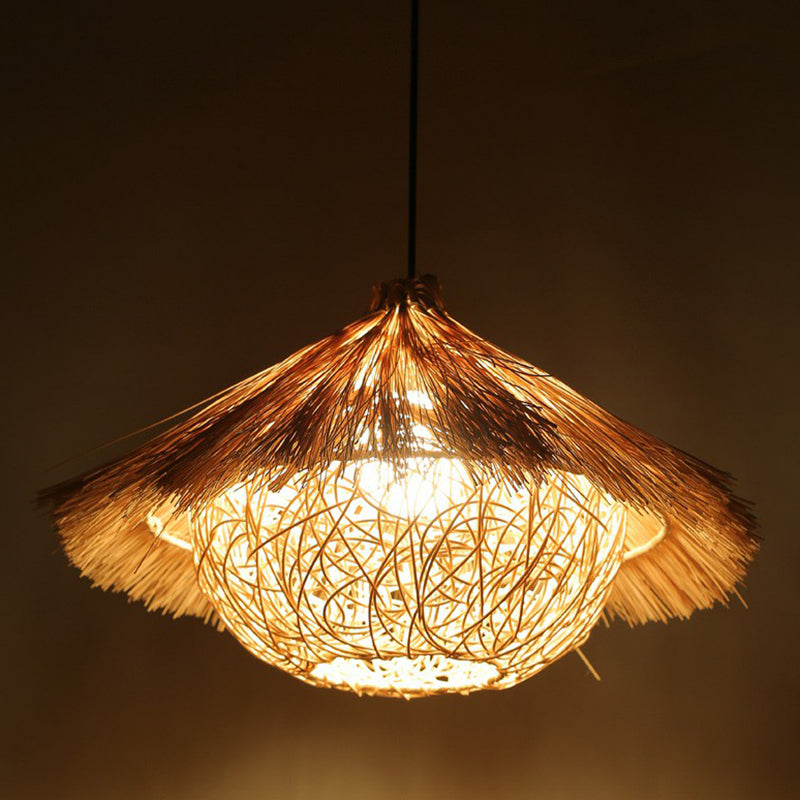 Rattan cage pendulum luce paese 1 lampadina beige appeso a soffitto per il ristorante