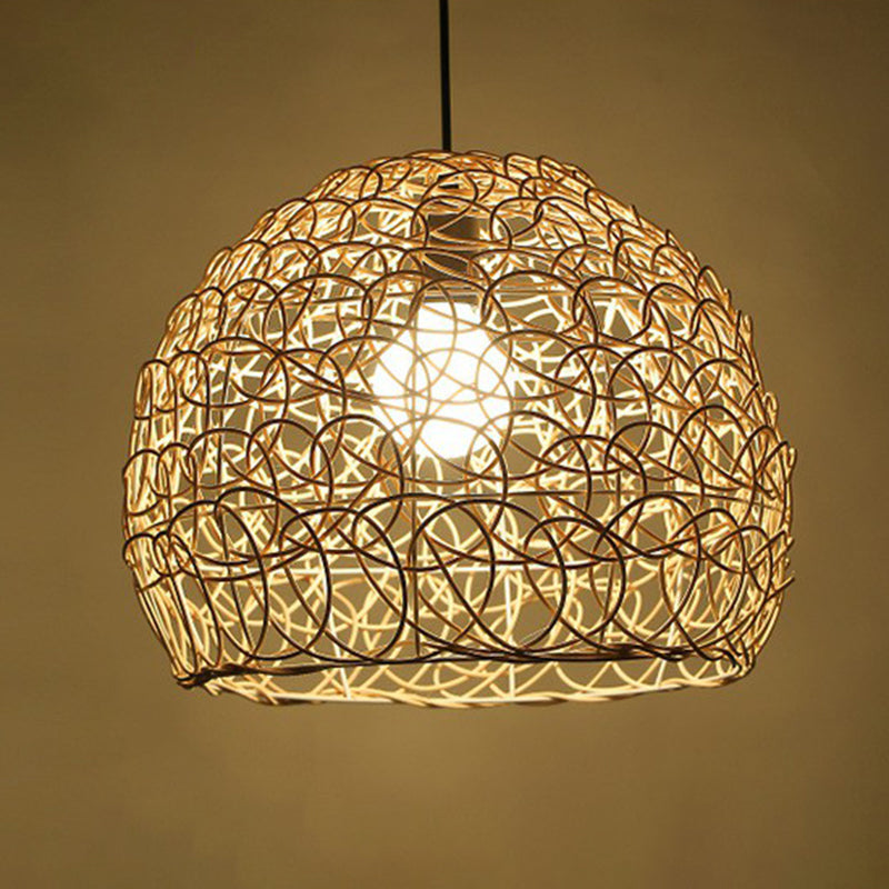 Rattan cage pendulum luce paese 1 lampadina beige appeso a soffitto per il ristorante