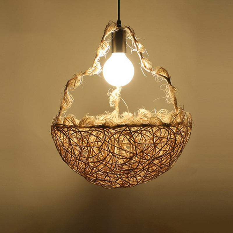 Rattan cage pendulum luce paese 1 lampadina beige appeso a soffitto per il ristorante