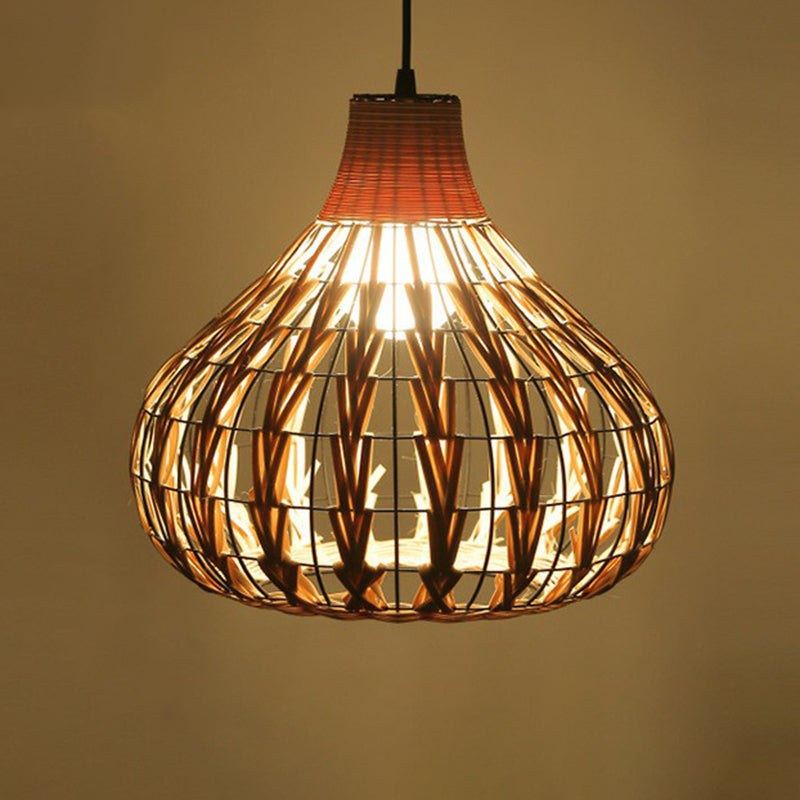 Rattan cage pendulum luce paese 1 lampadina beige appeso a soffitto per il ristorante