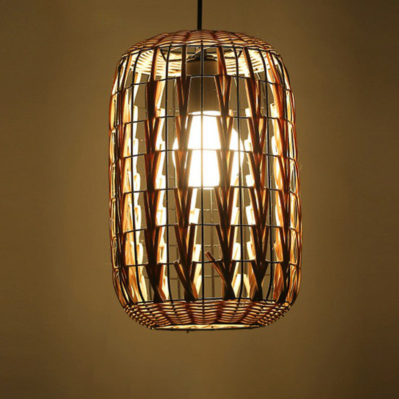 Rattan cage pendulum luce paese 1 lampadina beige appeso a soffitto per il ristorante