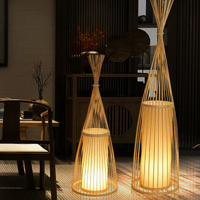 Bamboo Tapered Floor Light South-East Asia Single Stand Up Lamp with Cylindrical Shade Inside