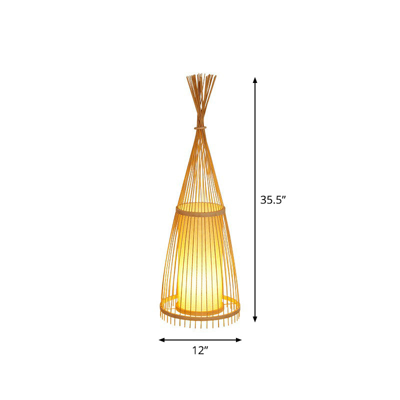 Bamboo Tapered Floor Light South-East Asia Single Stand Up Lamp with Cylindrical Shade Inside