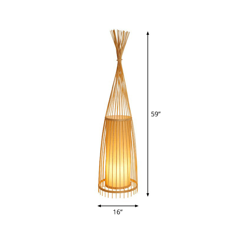 Bamboo Tapered Floor Light South-East Asia Single Stand Up Lamp with Cylindrical Shade Inside