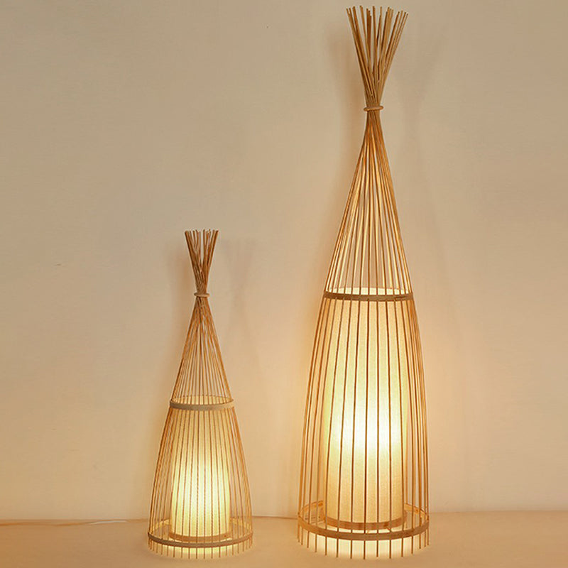 Bamboo Tapered Floor Light South-East Asia Single Stand Up Lamp with Cylindrical Shade Inside