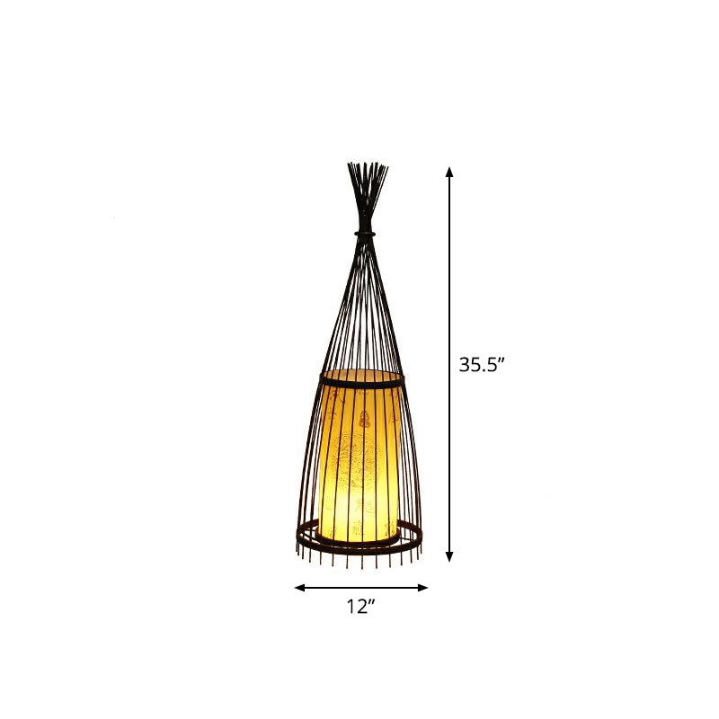 Bamboo Tapered Floor Light South-East Asia Single Stand Up Lamp with Cylindrical Shade Inside