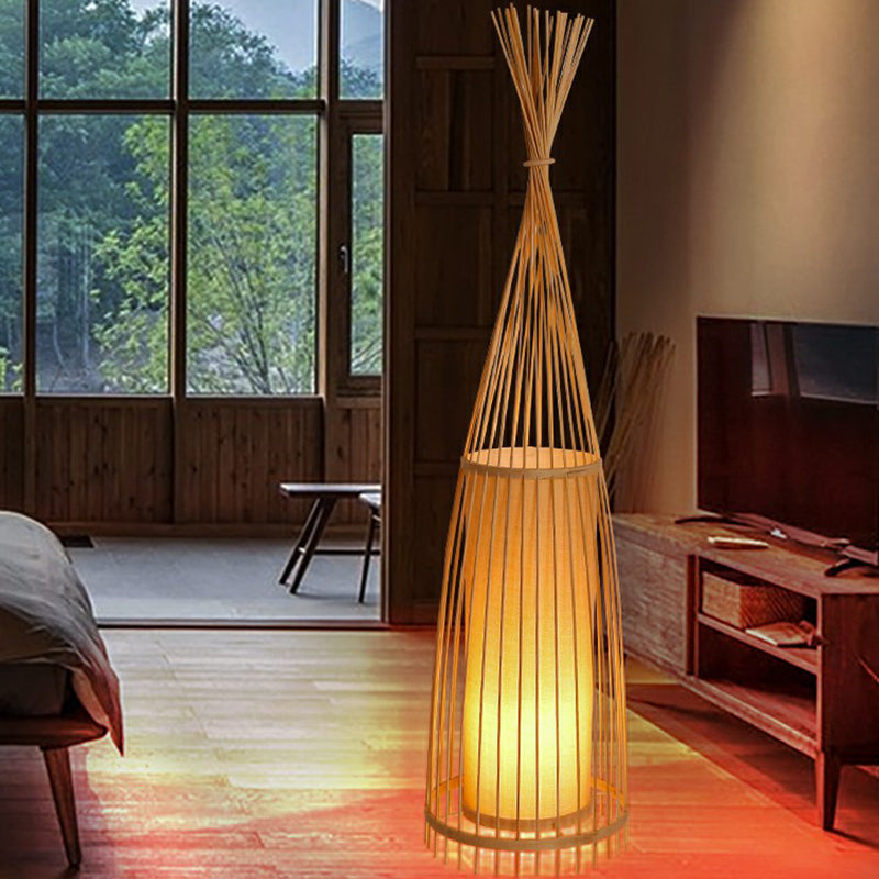 Bamboo Tapered Floor Light South-East Asia Single Stand Up Lamp with Cylindrical Shade Inside