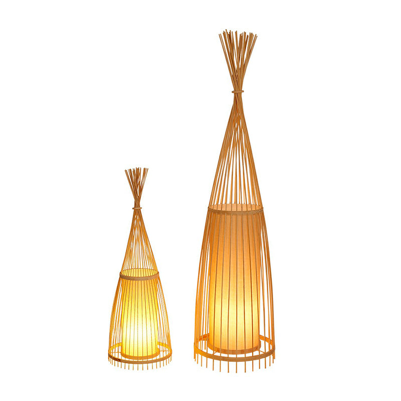 Bamboo Tapered Floor Light South-East Asia Single Stand Up Lamp with Cylindrical Shade Inside