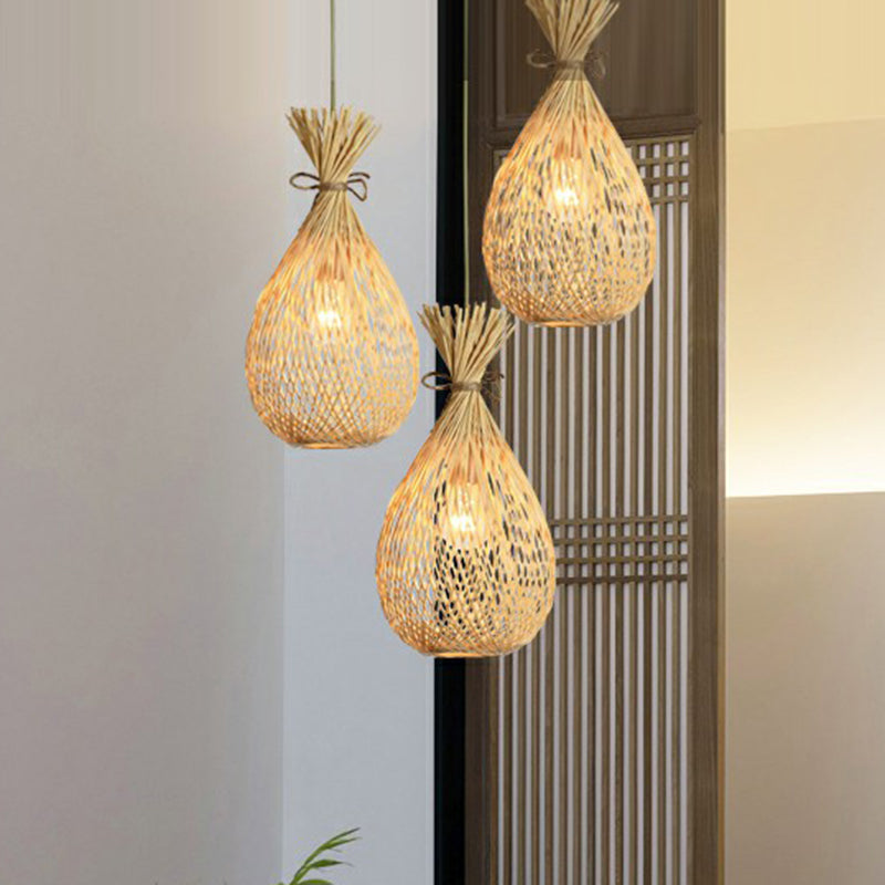 Lampada sospesa a forma di lacrima in legno Cottage a 3 teste Cluster Bamboo Light