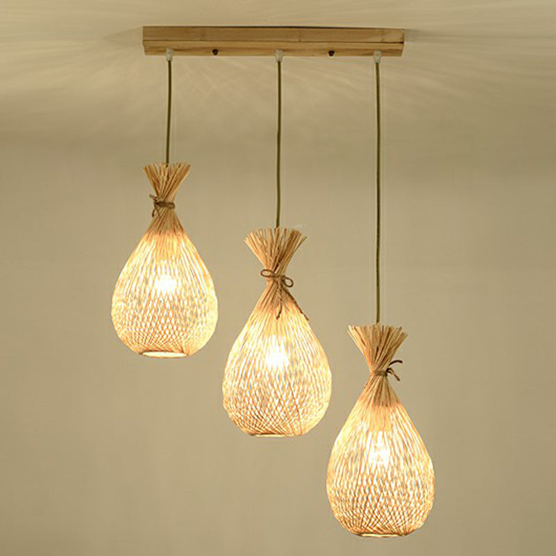 Lampada sospesa a forma di lacrima in legno Cottage a 3 teste Cluster Bamboo Light