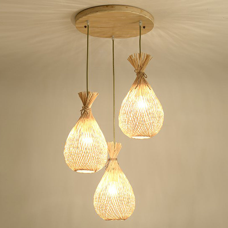 Lampada sospesa a forma di lacrima in legno Cottage a 3 teste Cluster Bamboo Light