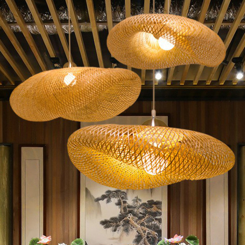 Bamboo Mesh Pendant Light Fixture Creative Asian 1-Light Beige Suspension Light for Tea Room