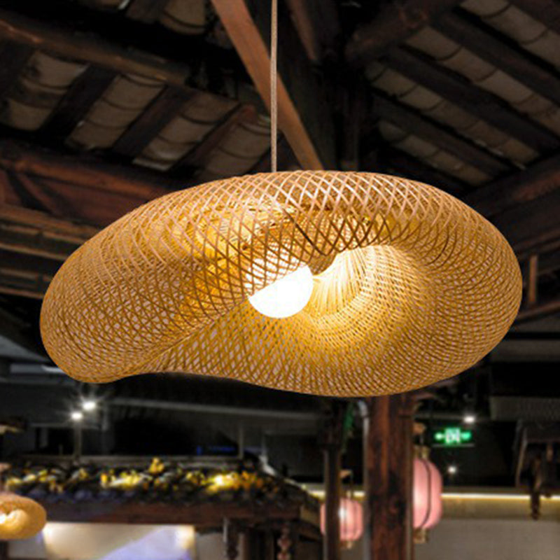 Bamboo Mesh Pendant Light Fixture Creative Asian 1-Light Beige Suspension Light for Tea Room