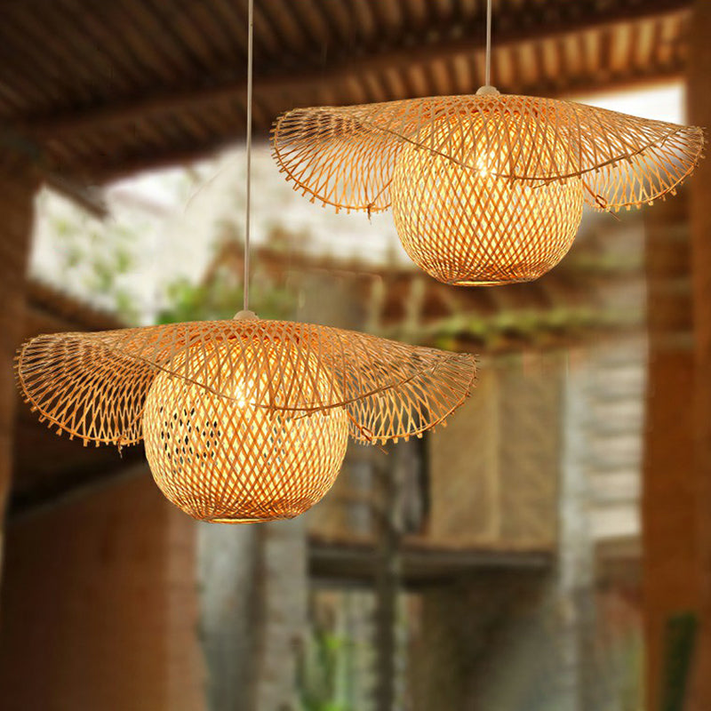 Luz de suspensión de la hoja de loto beige lámpara asiática 1 cabeza bambú colgante colgante luz