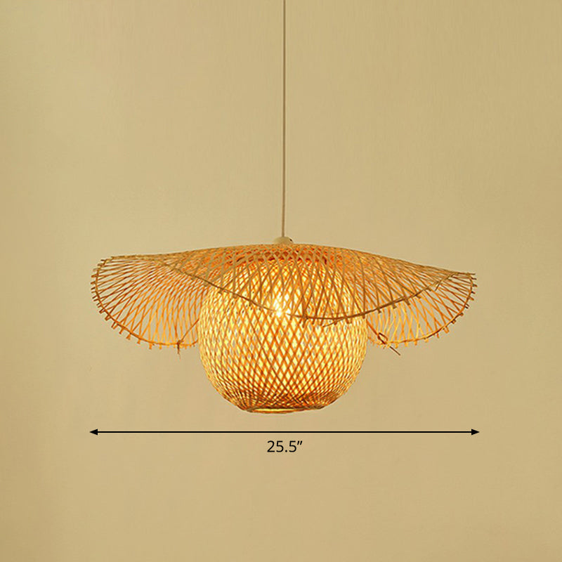 Beige Lotus Leaf Suspension Light Fixture Asian 1 Head Bamboo Hanging Pendant Light