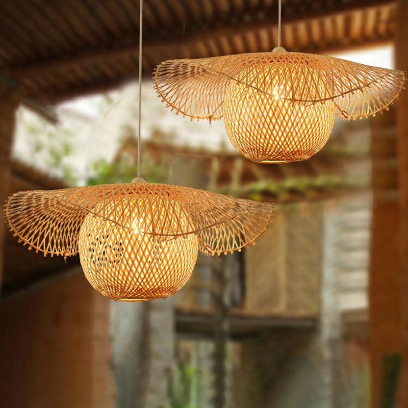 Beige Lotus Leaf Suspension Light Fixture Asian 1 Head Bamboo Hanging Pendant Light