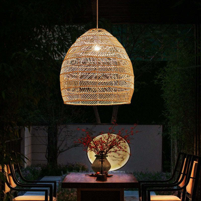 Single-Bulb Restaurant Hanging Lamp Minimalist Ceiling Light with Cloche Rattan Shade