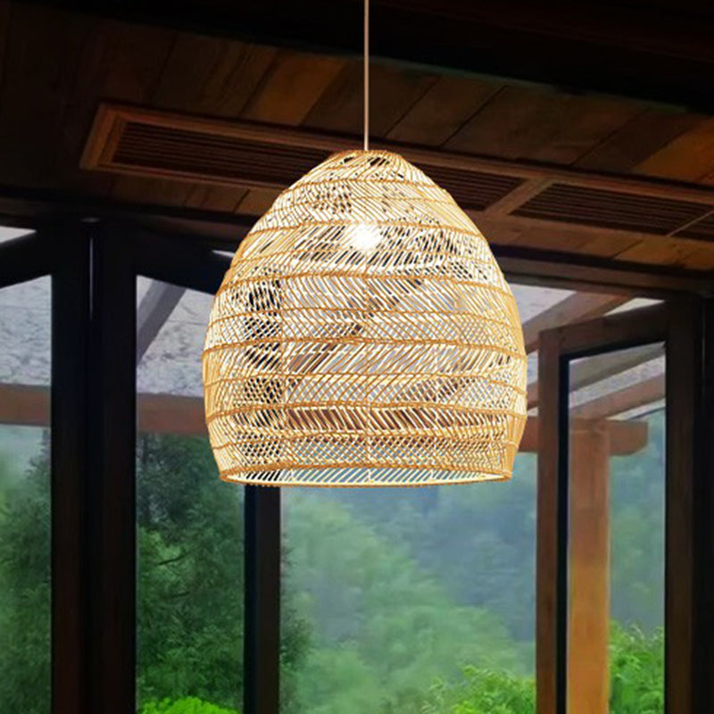 Single-Bulb Restaurant Hanging Lamp Minimalist Ceiling Light with Cloche Rattan Shade